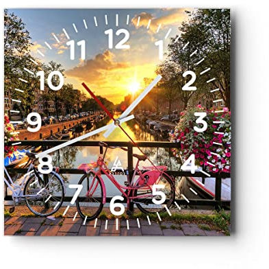 Modern Wanduhr Bikes Kanal Amsterdam Architektur 40x40cm Quadrat Groß Wand Uhr Glas Analog Zimmeruhren Küche Büro Wohnzimmer Glasuhr Wall Clock Dekoration Design Küchenuhr C4AC40x40-3081