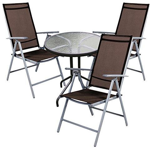 Mojawo® Bistrogarnitur 4-teilig Bistrotisch Glas/Metall/Aluminium Rund Ø 60 H70cm Silber + 2 Stapelstühle Aluminium/Textilien Silber/Schokobraun