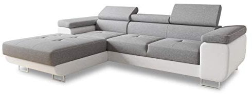 Ecksofa Divo mit Schlaffunktion, Bettkasten und Kopfteilverstellung, Polsterecke, Wohnlandschaft, Sofagarnitur, Couch, Sofa, Federkern (Weiß + Grau (Soft 017 + Sawana 21), Ecksofa Links)