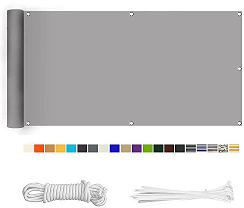 HERILIOS Balkon Sichtschutz, Balkonabdeckung 220 g/m² Innen Balkonverkleidung UV-Schutz (210Größen&21Farben) Ohne Bohren mit Ösen Kabelbinder und Kordel für Balkongeländer Terrasse,145X700CM hellgrau