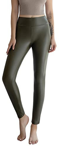 Kunstleder-Leggings für Damen, hohe Taille, dehnbar, hebt den Po an, mit Fleece gefütterte Leggings für Damen, Grün , X-Groß