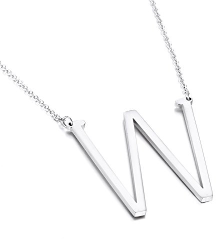 HIJONES Damen Edelstahl Seitlich Anfangsbuchstaben Halskette Choker Kette Alphabet Anhänger, Silber Buchstabe W