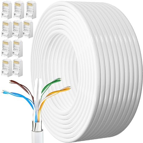 Cavo Ethernet 50 Metri, Bobina Cat 6 Cavo Lan 50m Lungo per Esterno Resistente alle Intemperie Cavo di Rete FTP 23 AWG Schermato Gigabit Anti-jamming Cavo Internet Bianco