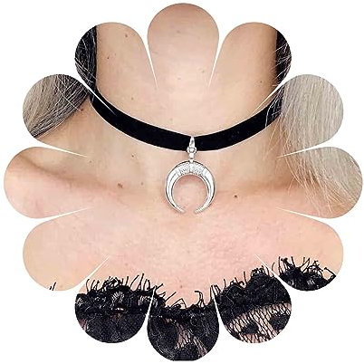 Yheakne Rose Lune Collier Ras Du Cou En Cuir Noir Cordon En Cuir Collier Argent Pendentif Lune Collier Gothique Velours Collier Chaîne Bijoux pour Femmes et Filles