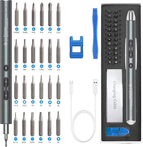 Brifit Precision Electric Screwdriver, 28 in 1 Mini Cordless Screwdriver with 24 Bits, 3 LED Lights, USB Rechargeable Portable Magnetic Repair Tool Kit, for Phones, Game Console, Camera, Clock, Laptop