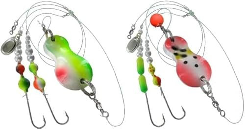 blntackle76 Set 2 Stück Buttlöffel von Jenzi Plattfisch Blinker montiert 80Gramm rot/weiß/Punkte & 100 Gramm grün/rot/weiß + gratis Petri Heil! Aufkleber
