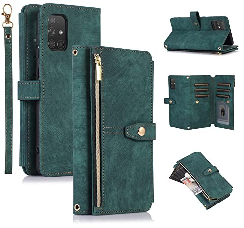 UEEBAI Hülle für Samsung Galaxy A71, Leder Klapphülle, Retro Grün | 9 Kartenfäche Lederhülle mit Umhängegurt Handschlaufe Ständer Reißverschluss Handyhülle Magnetverschluss Wallet Flip Case