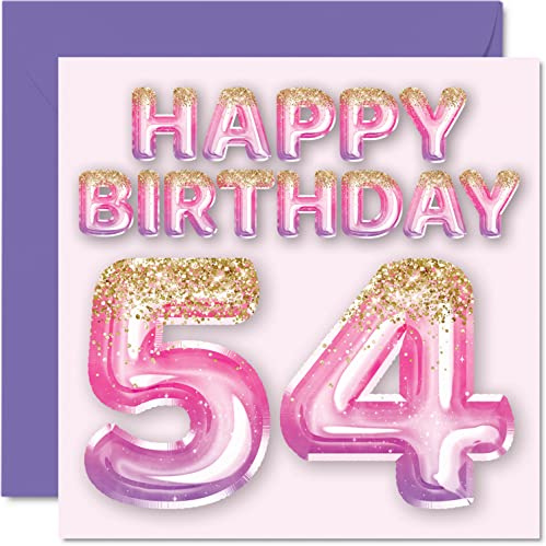 54th Birthday Card for Women, Pink & Purple Glitter Balloons | Happy Birthday Cards for 54 Year Old Woman Mum Nanny Grandma Gran Auntie, 145mm Bday Greeting Cards Gift