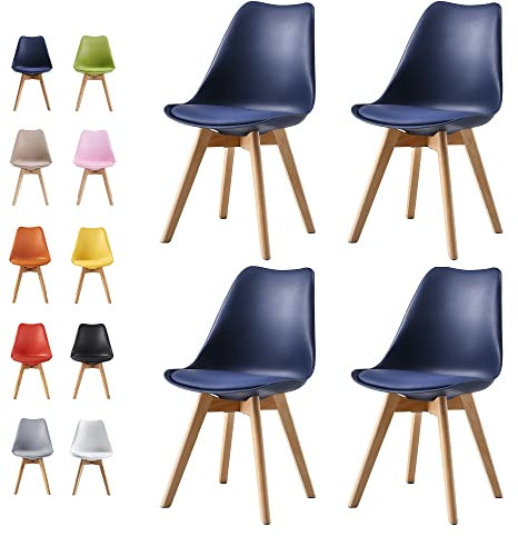 mcc direct Set of 4 Dining Chairs Wooden Legs Soft Cushion Pad Stylish DELUXE Retro Lounge Dining Office EVA (Blue)
