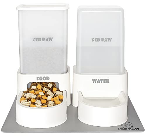 ped paw Wasserspender & Futterspender für Katze und Hund, 3,8L Schwerkraft Futterspender Katze Trockenfutter mit Futtermatte für kleine, mittlere und große Haustiere, DD, Weiß