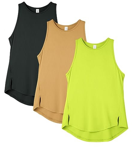 icyzone Canottiera sportiva da donna a collo alto con schiena incrociata per allenamento, yoga, corsa (confezione da 3), Nero/Cammello/Verde lime, M