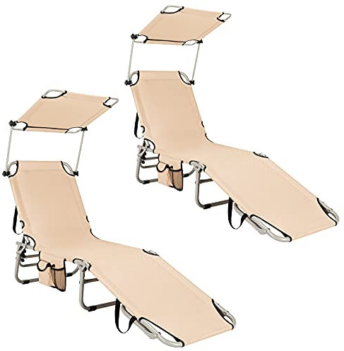 GIANTEX 2er Set Sonnenliege mit Dach, Gartenliege klappbar, Campingliege Strandliege Verstellbarer Rückenlehne, Liegestuhl mit Seitentasche, Liege Reiseliege bis 150 kg belastbar Relaxliege (Beige)