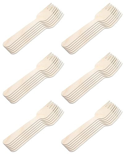 Acan Tradineur - 6 Paquetes de 12 Tenedores de Madera - Material Reutilizable y reciclable - Longitud de 16 cm - Color Madera - Total 72 Uds