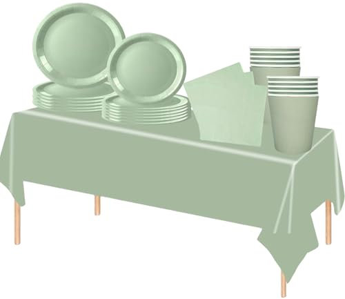 69 pièces Vert Sauge Vaisselle Jetable,Comprend Assiettes Carton Jetable Tasses Serviettesr en Papier et Nappe,Kit Decoration Anniversaire Fêtes Pique-niques Mariage Noël,Biodégradables,Recyclable