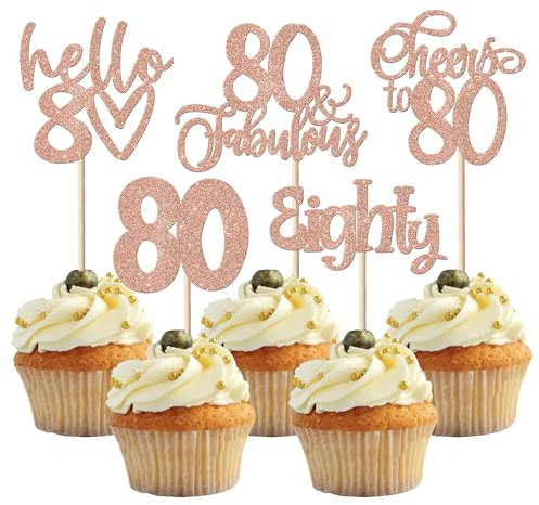 SYKYCTCY 30 Pack 80th Birthday Cupcake Toppers Glitter Eighty Fabulous 80 Cheers to 80 Cupcake Picks Hello 80 Birthday Happy 80th Birthday Cupcake Decorations Anniversary Party Supplies Rose Gold