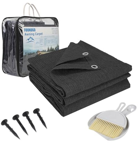 FoundGo Awning Carpet with Eyelets, 250x300cm 280g/m² HDPE Camping Carpet,Outdoor Awning Floor with Carrying Bag,Ground Nails and Small Broom, Anthracite