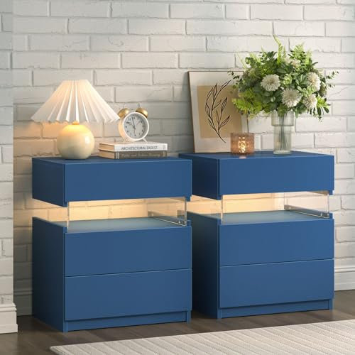 Cubehom Nachttisch Nachtkästchen Moderne Nachtkommode mit LED Licht Beistelltisch Ablagetisch mit 3 Schubladen für Schlafzimmer, Blau