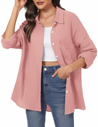 Aottori Musselin Bluse Damen Oversize Hemdbluse Oberteile Langarm Hemd Longbluse Langarmshirt Elegant V-Ausschnitt Baumwolle Lockere Blusenshirt Blusen Tunika mit Tasche Rosa S