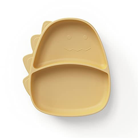 ÜneeQbaby Silikon-Kinder Teller i-Form - BPA-Frei, Spülmaschinenfest, Mikrowellen- und Ofensicher - Perfekt für Kleinkinder und Babys…(Dino - Bernsteinfossil)