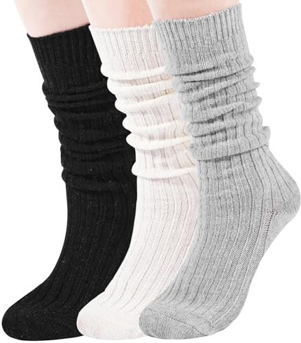 Moon Wood 3 Paar Slouch Socken Damen Winter Dicke Warme Kniestrümpfe Wollstrümpfe Stulpen Scrunch Socks Größe 35-38 39-42 (Schwarz Weiß Grau)