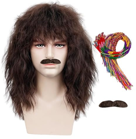 TOMIGO Braun Herren Perücke mit Bart und Freundschaft Armbänder für Karneval Fasching Fastnacht Kostüm Männer(Braun)