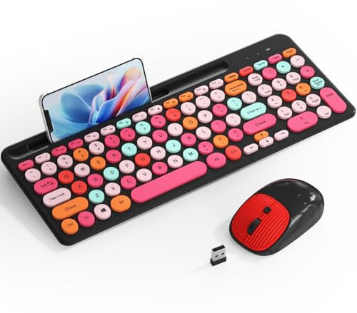 Ensemble clavier et souris sans fil, clavier rétro sans fil avec touches rondes, 2,4 GHz compact USB mignon clavier sans fil pour ordinateur, ordinateur de bureau, ordinateur portable et ordinateur