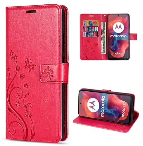 betterfon Hülle Kompatibel mit Motorola Moto G04 | Premium PU Leder Handyhülle Wallet Case für Moto G04 | Schutzhülle Blumen Klapphülle Handyhülle | Rot