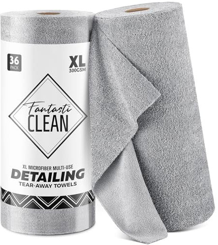 Fantasticlean XL Mikrofasertücher 40 x 40 cm, Abreißbare Reinigungstuch-Rolle mit 36 Stück, Extra Große und Dicke Putztücher Ultra Saugfähig für Haushalt, Küche und Auto - Grau