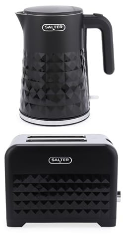 Salter Diamond Kettle and Toaster Set – 3kW Fast Boil Kettle with Cool Touch Body, Swivel Base, Diamond Design, 2-Slice Toaster with Wide Toasting Slots, High Lift, Removable Crumb Tray COMBO-9356.