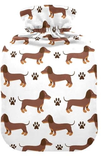 Hot Water Bottle with Cover, Dachshund Paw Print 1L Leakproof Hot Water Bag for Hand Feet Warmer, Neck, Shoulder, Back, Muscle Pain Relief, Cold Compress