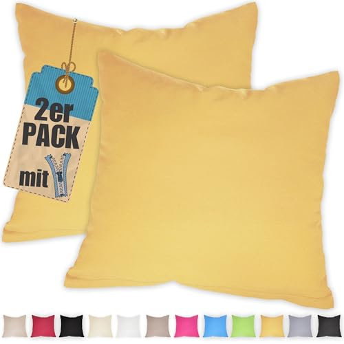 Kissenbezug Doppelpack 30x30 cm Gelb mit verdecktem Reißverschluss - 2er Pack Kissenhülle Set Baumwolle Uni, Waschbar, Atmungsaktiv Mischgewebe