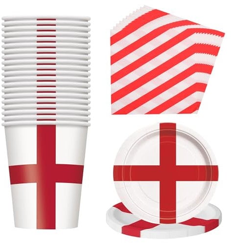 WedDecor World Cup Tableware Set – Red & White Paper Napkins, Cups & Plates – St. George Themed Party Set for Sports Games Events, Pub, BBQ, Outdoor & Football, Set of 60pcs