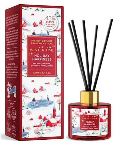 Winterlicher Raumerfrischer, Diffuser, Aroma Lufterfrischer, Diffuser inkl. 5 Duftstäbchen 100ml, Duft: rote Früchte, Wein, Zimt, Vanille, 45 Tage anhaltender Raumerfrischer, L/B/H 7 x 7 x 20 cm.
