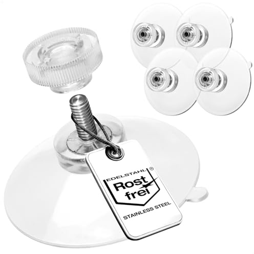 com-four® 4X Saugnapf Ø 40 mm, M4 Gewinde aus Edelstahl, Schwerlast | transparenter Vakuum Saugnapf mit Rändelmutter - mobile Befestigung