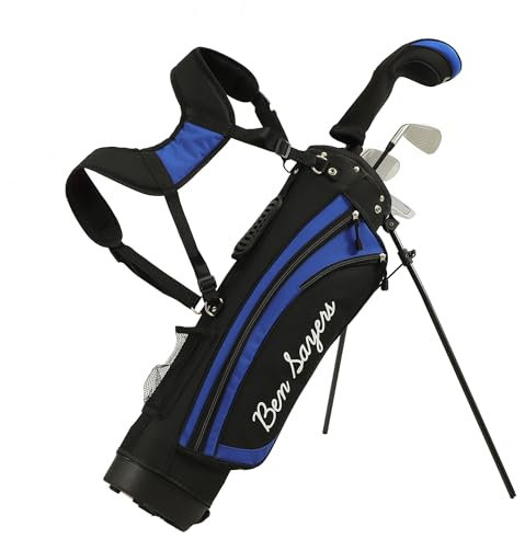 Ben Sayers Junior Stand Bag Golf Package Set | Kids Starter with 4 Clubs | Lightweight Graphite Shafts & Soft Grips | Oversize Driver, Irons, Putter, Bag & Headcovers (Black/Blue, 9-11 years)