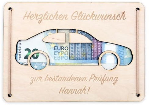 Führerschein bestanden Geschenk personalisierte Geldgeschenk Verpackung bestandene Prüfung Auto Glückwunschkarte aus Holz 12x17 cm