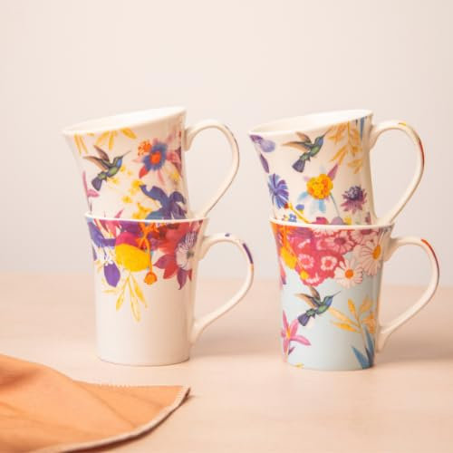 Hummingbird Floral Bone China Mug 350ml Elegant Ceramic Tea & Coffee Cup with Colourful Flower & Bird Print Lightweight Gift Mug (H 10.5cm x W 9cm) Assorted Designs (Lavender Bird Blue)