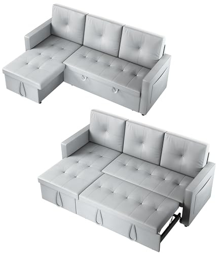 SONNI Soffa, hörnsoffa, 203 x 132 x 88 cm, bäddsoffa med sovfunktion, 3-sitsig soffa, bäddsoffa, soffa med sänglåda, sidoficka, katttassläder, perfekt för lägenheter vardagsrum, ljusgrå