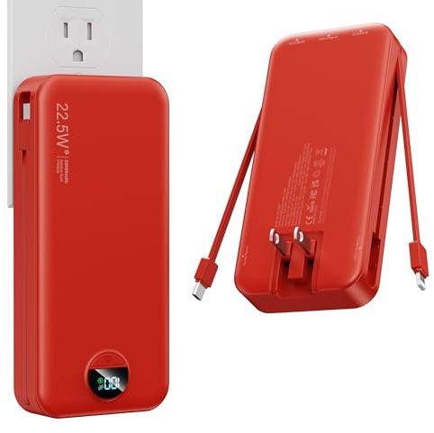 Nusyddy Portable Charger with Built in Cable and AC Wall Plug, USB C Power Bank 20000mAh 22.5W Super Fast Charging, Lightweight Portable Phone Charger Travel Battery Pack for iPhone, ect