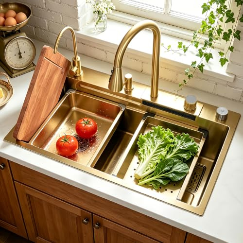 DSMRLEOP Fregadero de cocina, 1 seno dorado con grifo extensible, enjuagador de cristal y todos los accesorios, fregadero rectangular de acero inoxidable, fregadero inteligente en cascada (75 x 50 cm)