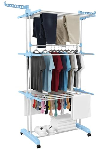 TrendClub100 4-Stufiger Wäscheständer auf Rollen | Turm-Design mit 24 Stangen & 14 Haken | klappbar & mobil | Edelstahl & Kunststoff | ideal für Indoor & Outdoor (Blau)
