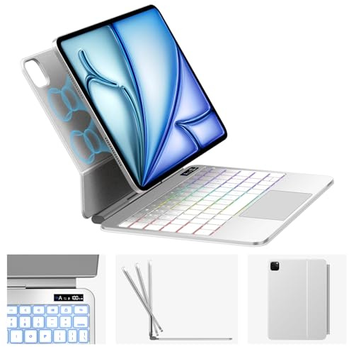 Aioopro Keyboard Case for iPad Air 11-inch (M3 2025 / M2 2024) with Magnetic Phone Holder, Magic-Style Magnetic, Multi-Touch Trackpad Keyboard Case (White, iPad Pro 11 & iPad Air 11(5th/4th Gen))