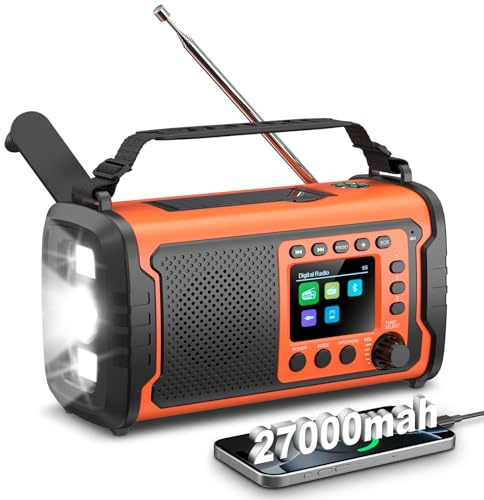 Portable DAB/FM Radio 27000mAh Emergency Radio with Solar,Hand Crank,Battery Powered, Survival Wind Up DAB Radio with Bluetooth,80 Presets,Clock,SOS Alarm,Flashlight,Reading Lamp Outdoor Camping