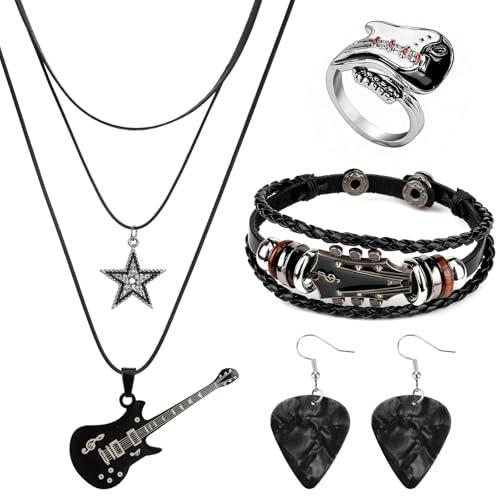 MWOOT Set di Gioielli Musica Punk, Collana con Stella e Chitarra a Strati Y2k, Braccialetto in Pelle Retrò, Anello Punk Rock, Orecchini Pendenti con Plettro per Chitarra, Accessori Gotici per Concerti