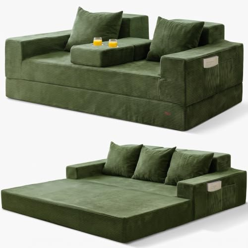 MAXYOYO Schlafsofa, Cord-Bodencouch, Klappsofa mit Getränkehalter und Dekokissen, Bequemes Kompressionssofa für Wohnzimmer, Schlafzimmer, Gästezimmer