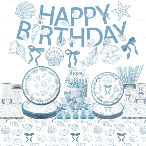 Decorazioni per feste di compleanno a conchiglia, 20 ospiti, decorazione di compleanno costiera, con piatti, bicchieri, tovaglioli, tovaglie, striscioni, decorazione per torta estiva