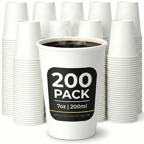 Paper Cups 7oz (200ml) – 200 Pack White Disposable Coffee Cups – Strong Single Wall Cups for Hot & Cold Drinks – Leak-Resistant, Smooth Rim – Ideal for Parties, Home, Office, Cafés & Events