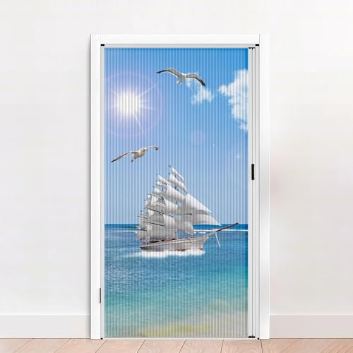 Porta a fisarmonica, Porta interna pieghevole a scomparsa, telaio in alluminio, tessuto non tessuto, barca a vela bianca personalizzabile(30x80in(76x203cm))