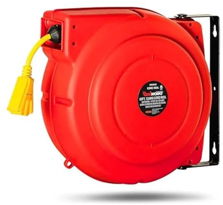 Kabeltrommel, Einziehbare Verlänrungskabelrolle, strapazierfähig, 12 AWG x 65 Fuß, kommerzielles Kabel, Dreifach-Stromanschluss, Leistungsschalter 15 A