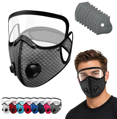 Reusable Carbon Filter Dust Mask with Adjustable Goggles, Staubmaske mit 10 Aktivkohlefiltern, Abnehmbare Vollgesichtsbrille Maske Wiederverwendbar für Holzarbeiten, Laufen, Radfahren (I)
